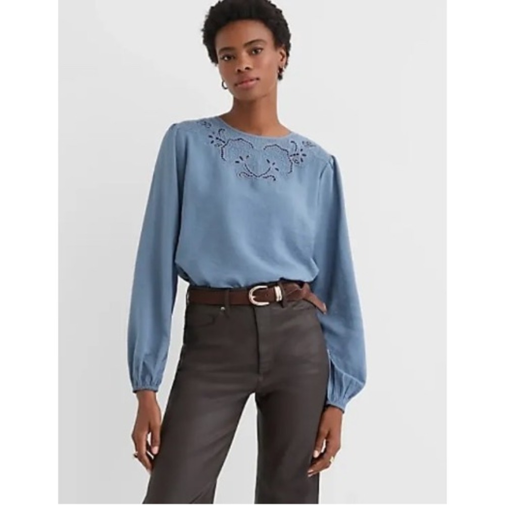 Loft Women Blue Gray Eyelet Crochet Embroidered Long Sleeve Keyhole Blouse XS